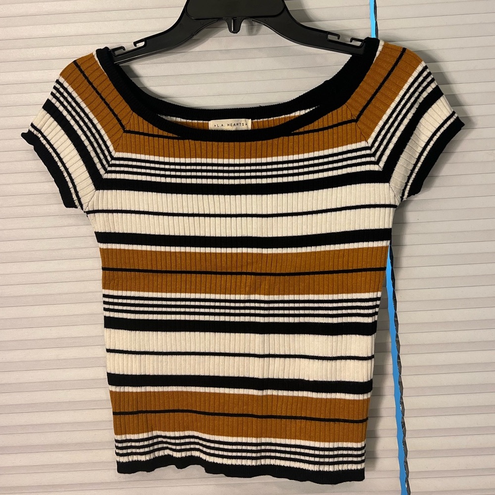 LA Hearts Striped Knit Off the Shoulder Top